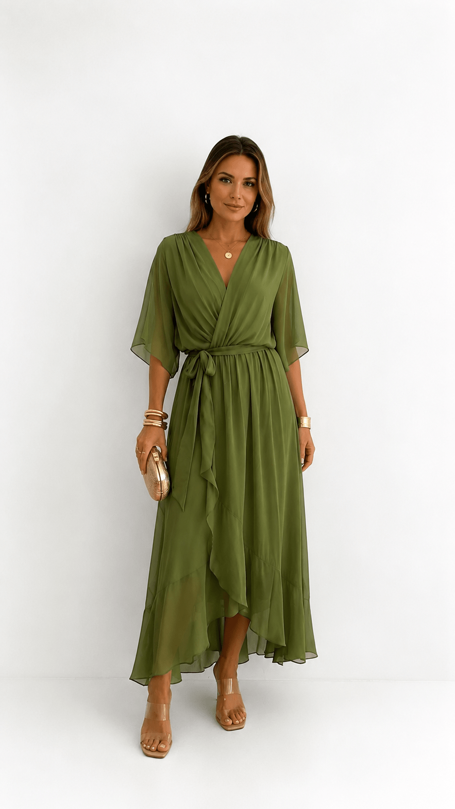Elegant chiffon wrap maxi dress for women featuring flutter sleeves and an adjustable waist tie
0
